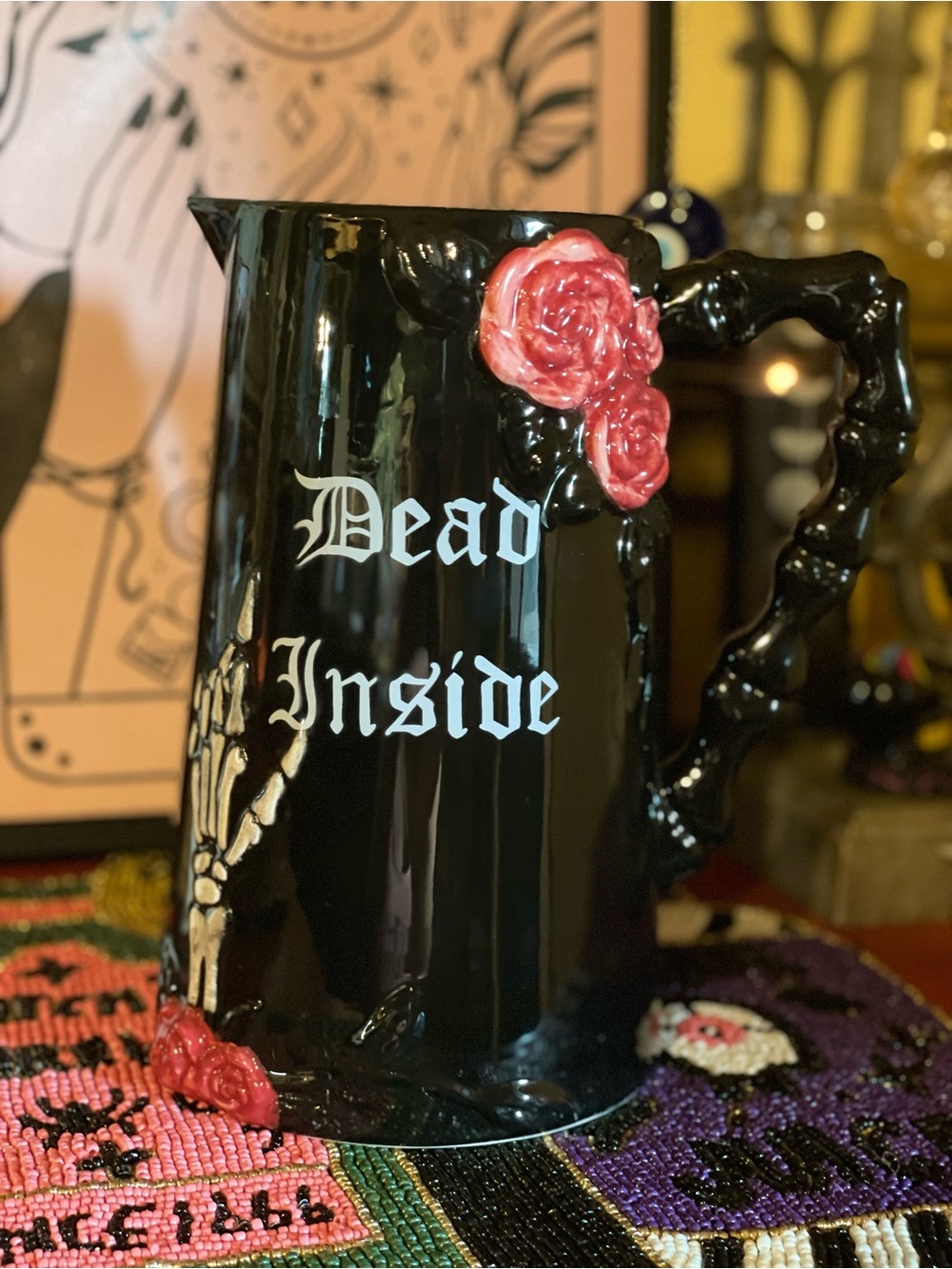 MIDNIGHT SPELL NWOT Gothic DEAD INSIDE Ceramic Pitcher Skeleton And Rose Accent